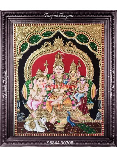 Handmade Siva Family Tanjore painting Shiva Parvathi Ganesha Murugan Nandi peacock gold foil artwork